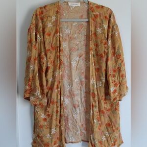 Floral Kimono Type Top, orange with flower accents